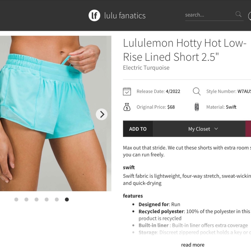 Lululemon Hotty Hot Low-Rise Lined Short 2.5" Electric Turquoise, Size 8 - Picture 2 of 7